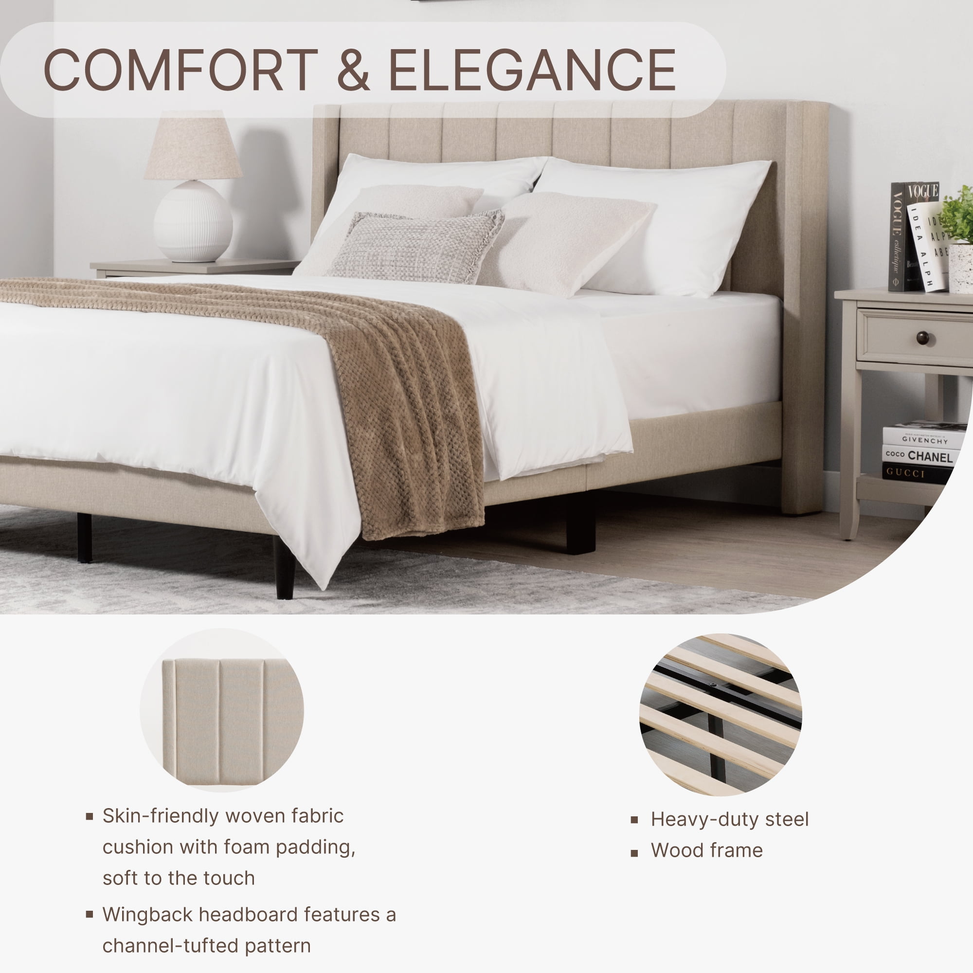 Spruce & Spring Upholstered Platform Bed Frame with Wingback Headboard Full