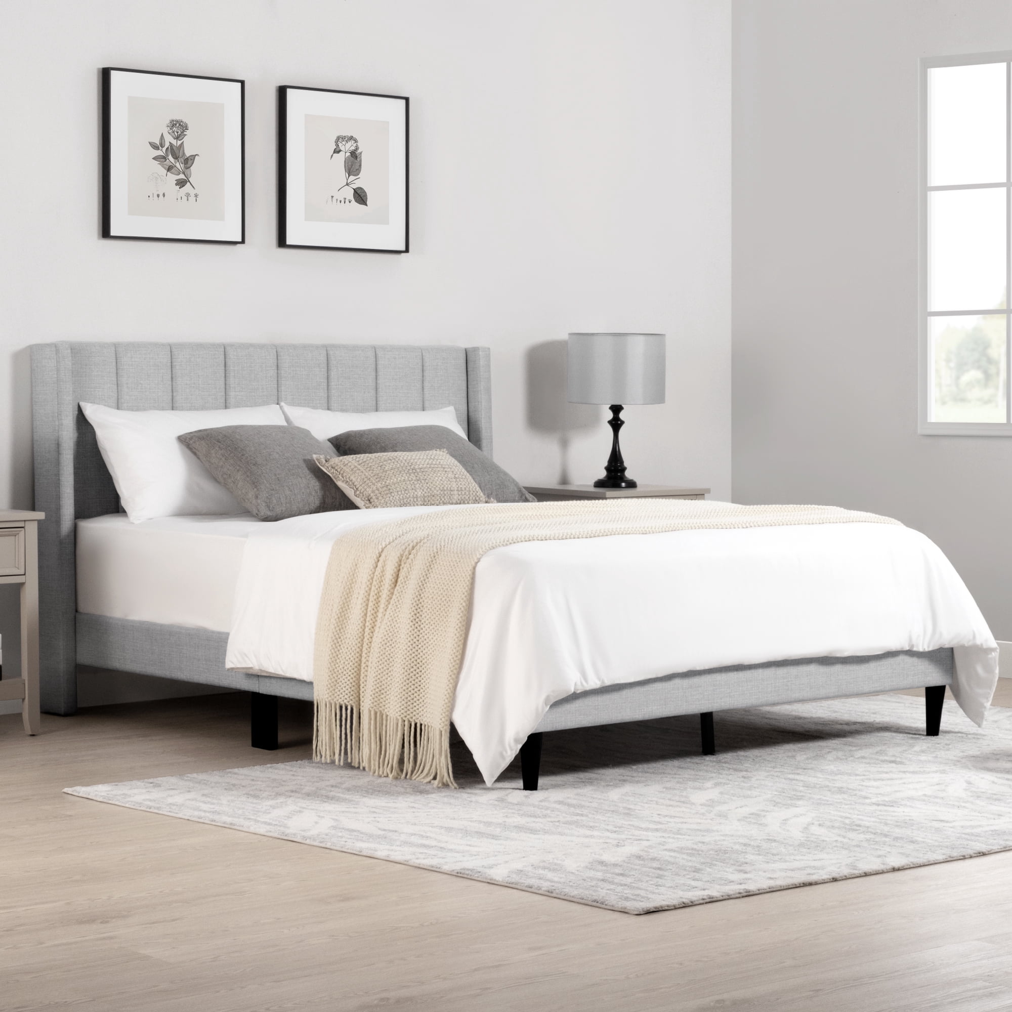 Spruce & Spring Upholstered Platform Bed Frame with Wingback Headboard Queen