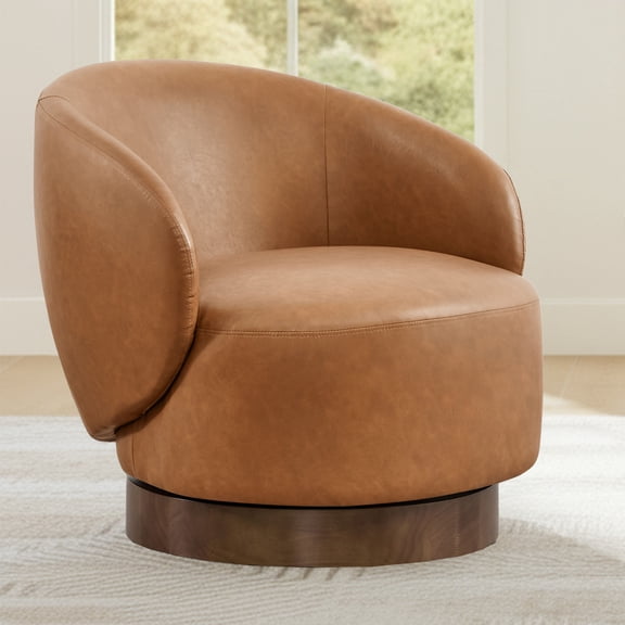 Spruce & Spring Upholstered Swivel Accent Chair with Curved Back Single, Saddle Brown-Faux Leather