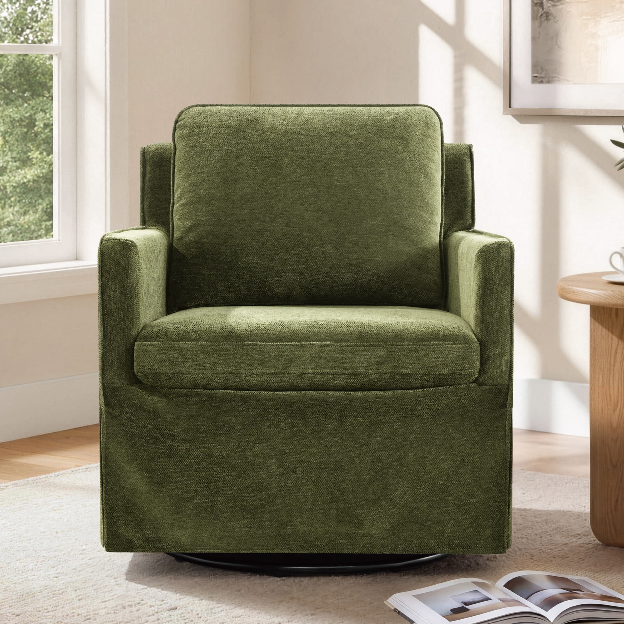 Spruce & Spring Upholstered Swivel Glider Accent Chair for Living Room, Nursery and Bedroom, Reversible Cushions, Track Arms, Modern Lounge Chair, Green