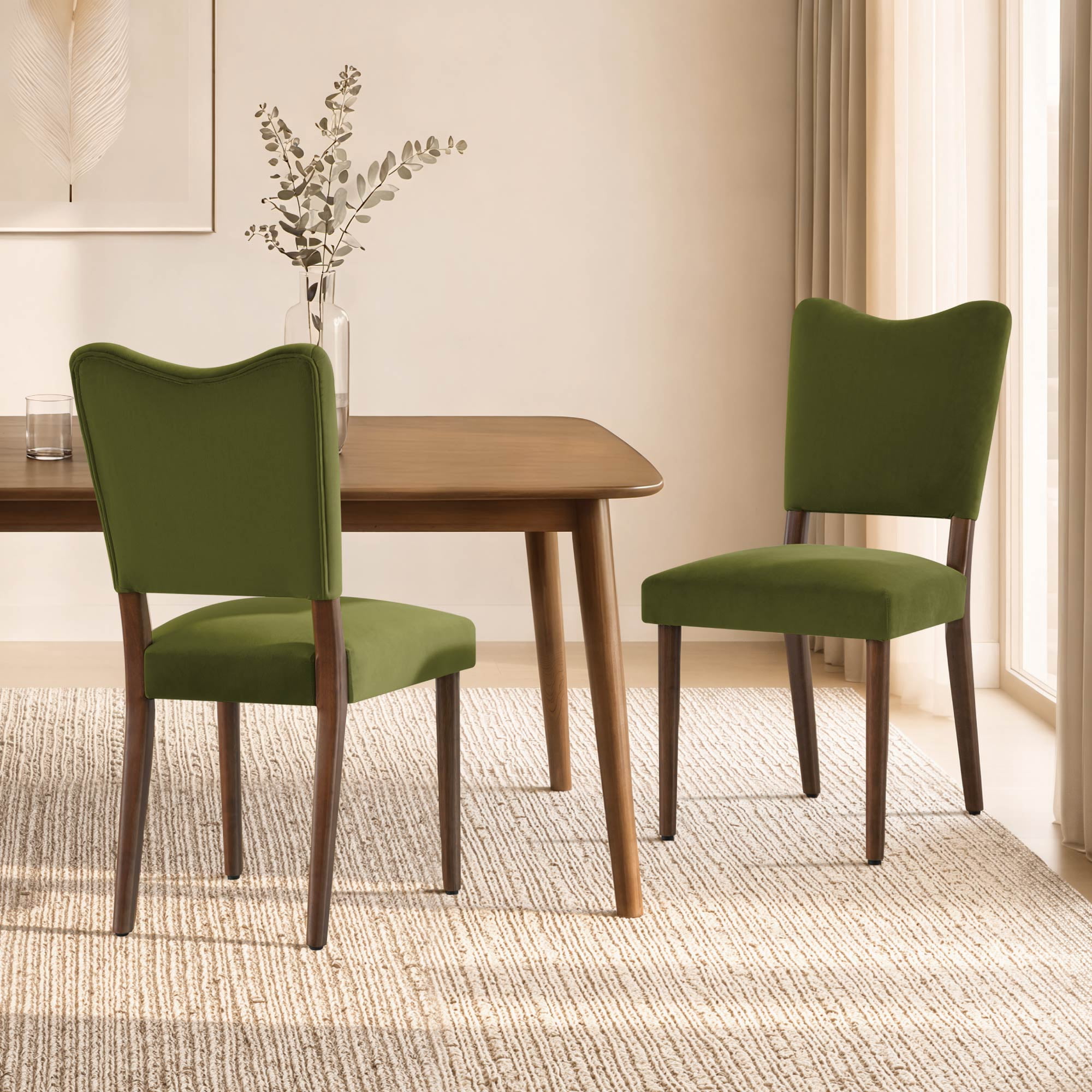 Spruce & Spring Velvet Dining Chair with Curved Back, Upholstered Side Chair with Solid Wood Legs for Dining Room Living Room, Walnut Finish, Set of 2, Green