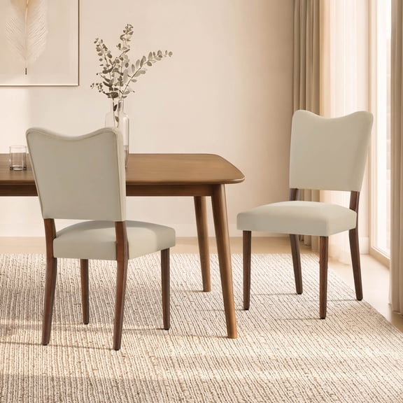 Spruce & Spring Velvet Dining Chair with Curved Back, Upholstered Side Chair with Solid Wood Legs for Dining Room Living Room, Walnut Finish, Set of 2, Linen