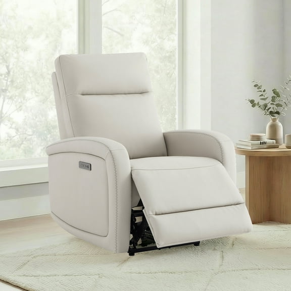 Spruce & Spring Zero Wall Hugger Power Recliner for Compact Spaces, Cream-Faux Leather