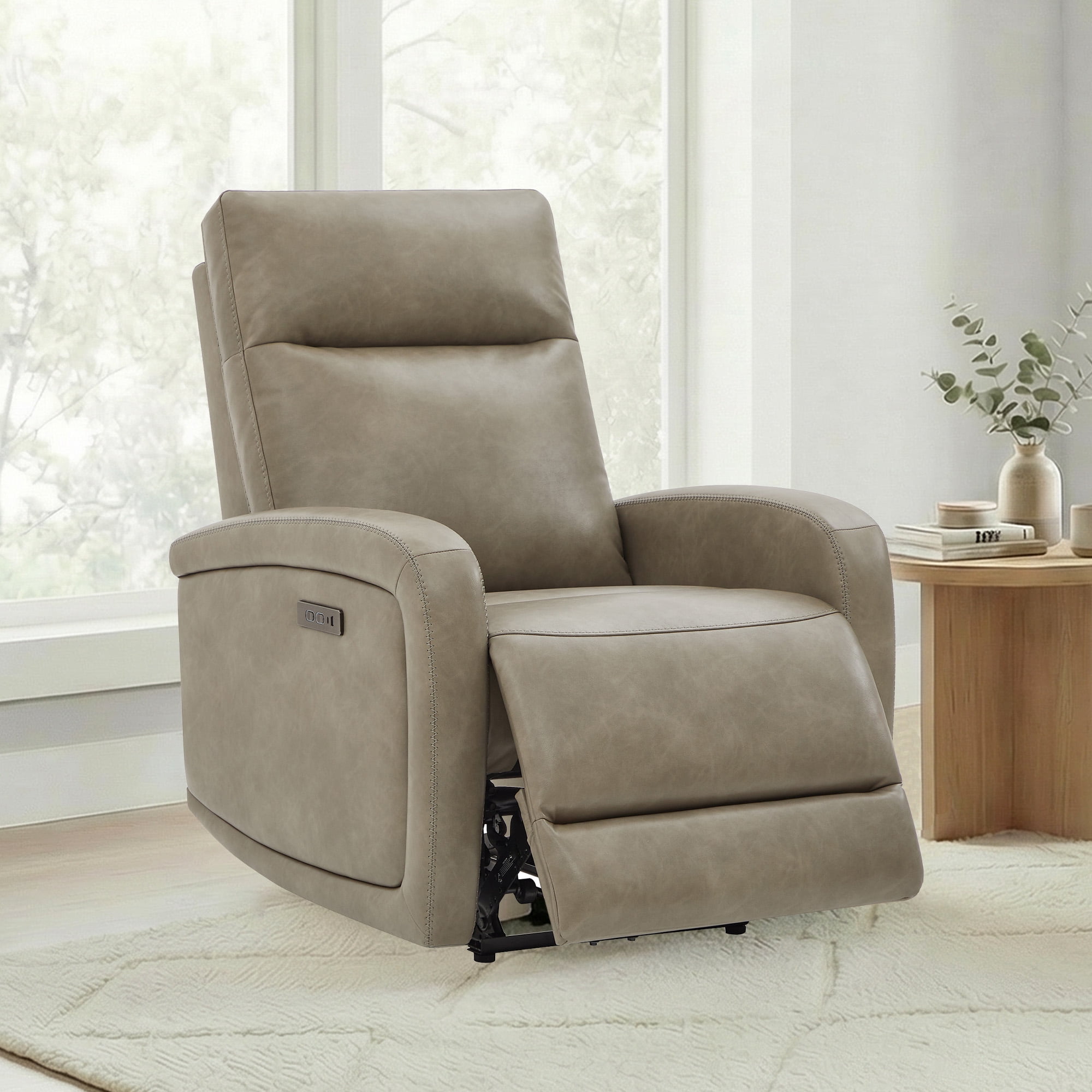 Spruce & Spring Zero Wall Hugger Power Recliner for Compact Spaces, Gray-Faux Leather