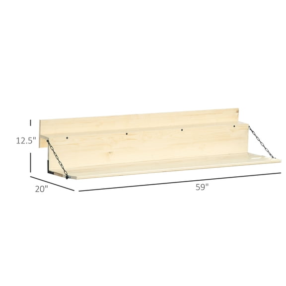 Spruce Wood Hanging Balcony Table Foldable Railing Bar Desk for Small Outdoor Space, Natural Finish, 59x20x12.5 inches, Fits Railings up to 3.9 Inches