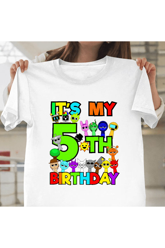Sprunki Birthday Party 5th Year Celebration Cartoon Animation Unisex T-Shirt, for men & women, up to size 5XL.