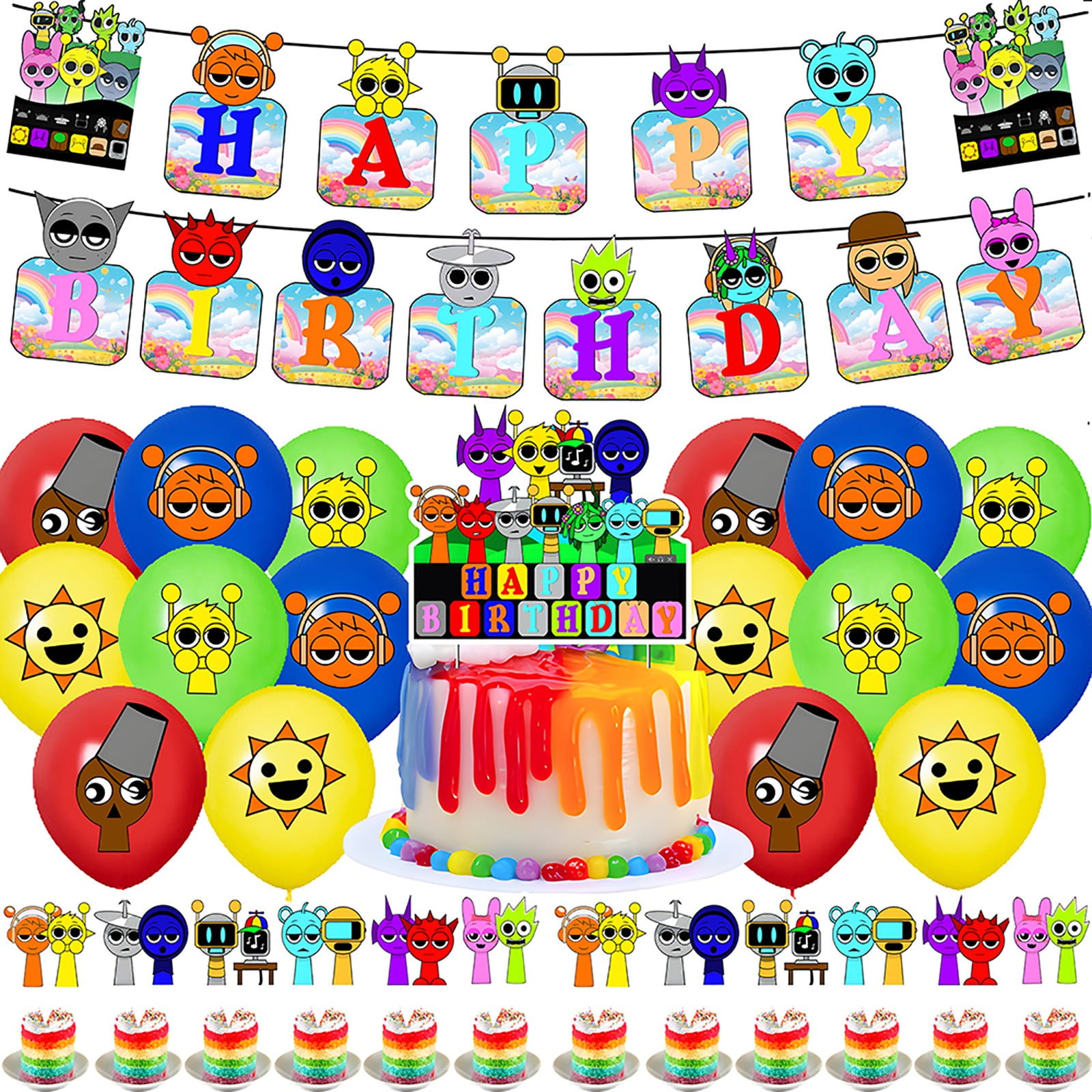 Sprunki Birthday Party Supplies Include Happy Birthday Banner, Cake Topper and Cupcake Toppers, Balloons for Sprunki Birthday Decorations