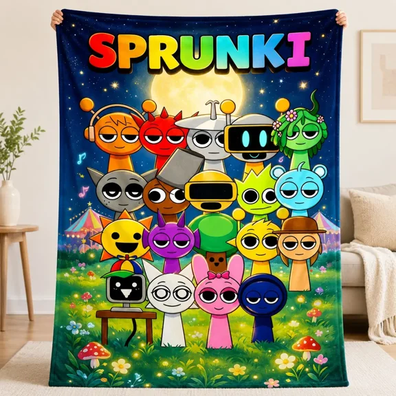 Sprunki Colorful Music Character Flannel Cartoon Printed Blanket, Starry Moon Forest Print, Soft Lightweight Cozy Throw for Sofa, Bedroom, Naps, Gaming Gifts
