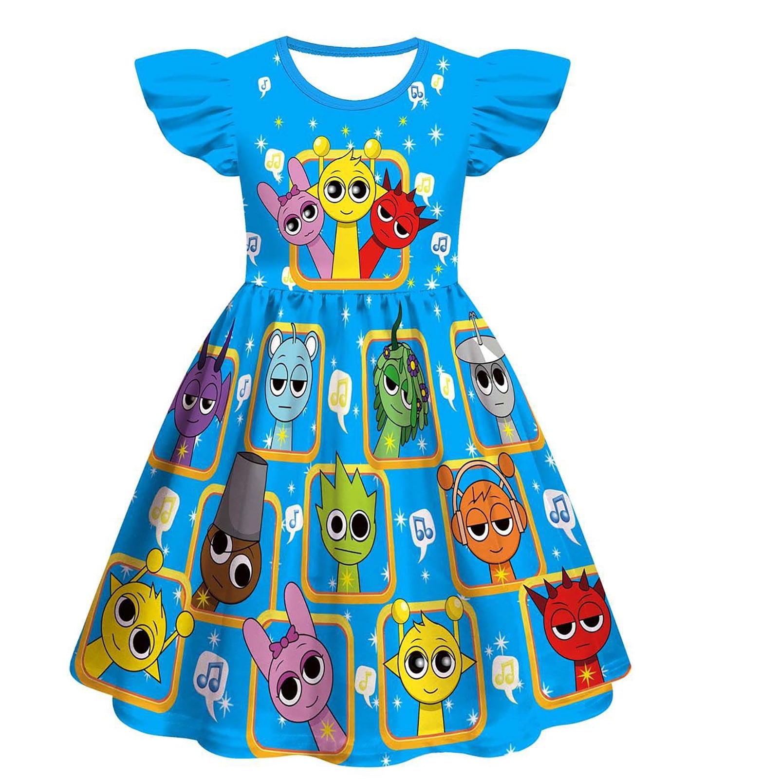 Girls' Sprunki Cartoon Print Push Dress – Costume For Dress-Up, Party, Or Halloween (Toddler To Kids 3-8Y)