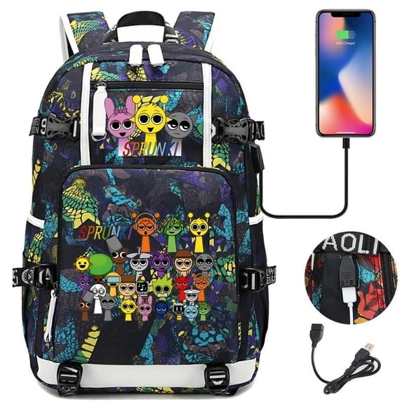 Sprunki School Bags USB Charging Laptop Backpack Lightweight Book Bag Casual Travel Bag
