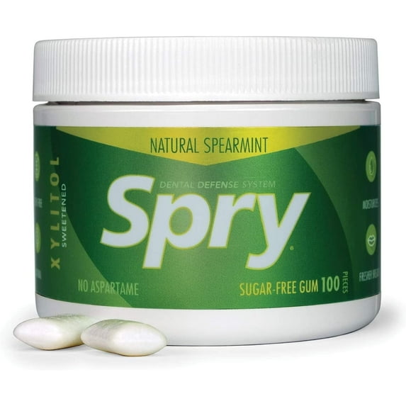 Spry Fresh Natural Xylitol Chewing Gum, Aspartame-Free, Sugar-Free Spearmint, 100 Pieces, Pack of 2