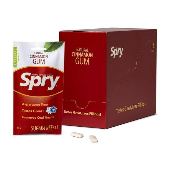 Spry On The Go Natural Xylitol Chewing Gum, Aspartame-Free Sugar-Free, Cinnamon, 55 Pieces, 12 pack