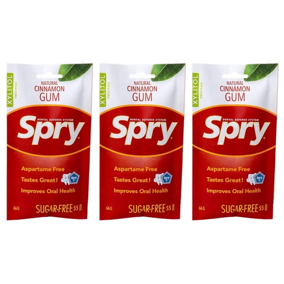 Spry On The Go Natural Xylitol Chewing Gum, Aspartame-Free, Sugar-Free, Cinnamon, 55 piece 3 pack