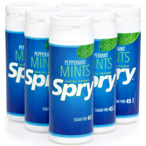 Spry Sugar-Free Xylitol Mints for Oral Health,Gluten-Free, Bad Breath, Peppermint 45 Count 6 Pack
