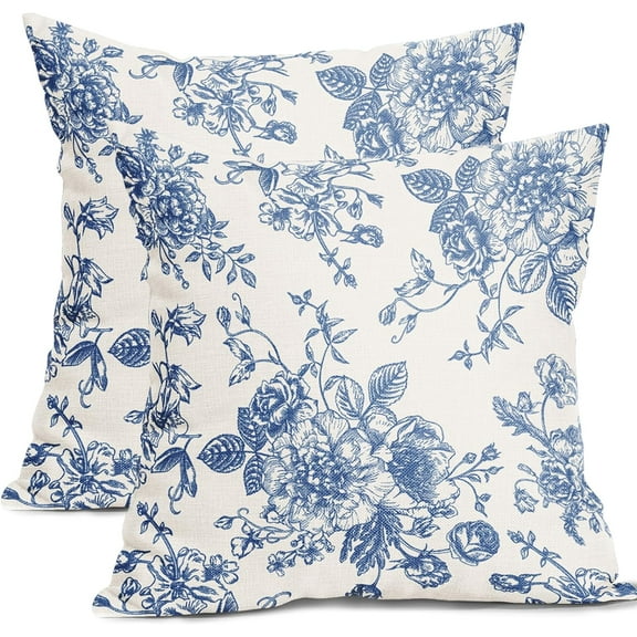Sps ssion 18” x 18” Vintage Blue Chinoiserie Floral Cotton Pillow Covers, Soft (2 Count)