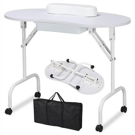 Sptwo 37-inch Portable & Foldable Manicure Table Nail Desk Workstation with Large Drawer/Client Wrist Pad/Controllable Wheels/Carrying Case for Spa Beauty Salon ,White