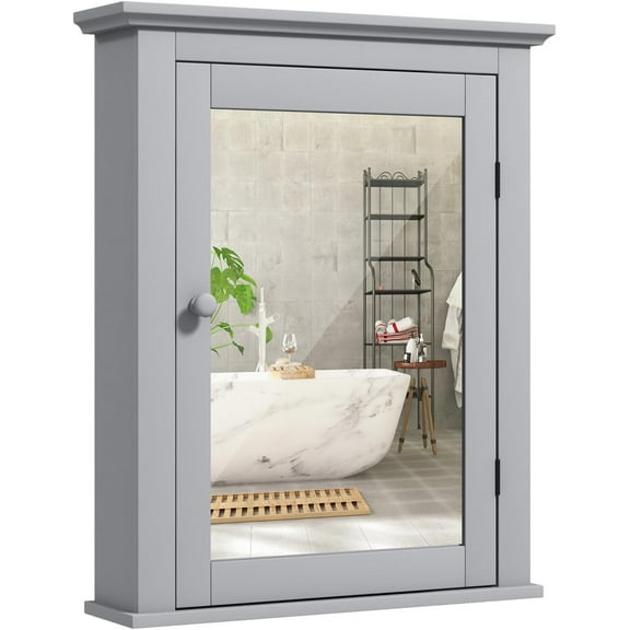 Sptwo Bathroom Medicine Cabinet with Mirror, Wall-Mounted Storage Cabinet Organizer with 5-Position Adjustable Shelf, Hanging Bathroom Wall Cabinet for Living Room Bedroom Entryway (Grey)