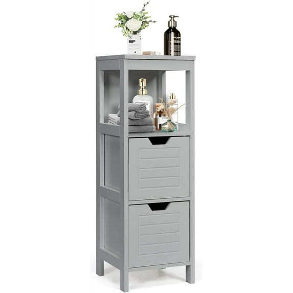 Sptwo Bathroom Storage Cabinet, Freestanding Wooden Side Storage Cabinet with 2 Adjustable Drawers, Space-Saving Floor Cabinet for Living Room Bathroom Bedroom Entryway (Grey)