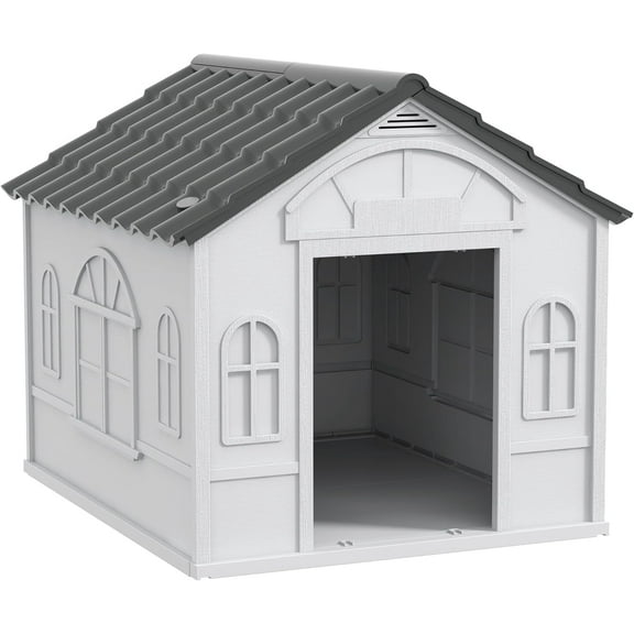Sptwo Plastic Dog House, Water Resistant Puppy Shelter Indoor Outdoor with Door, Easy to Assemble, for Medium and Small Dogs, Gray