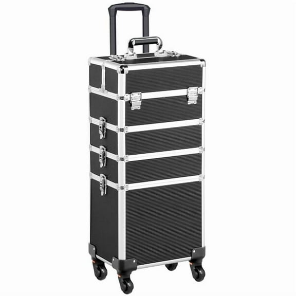 Sptwo  Professional Makeup Train Case 4 in 1 Rolling Cosmetic Trolley Makeup Case Organizer Makeup Travel Case, with 4 Detachable Removable Wheels,4 in 1 Black