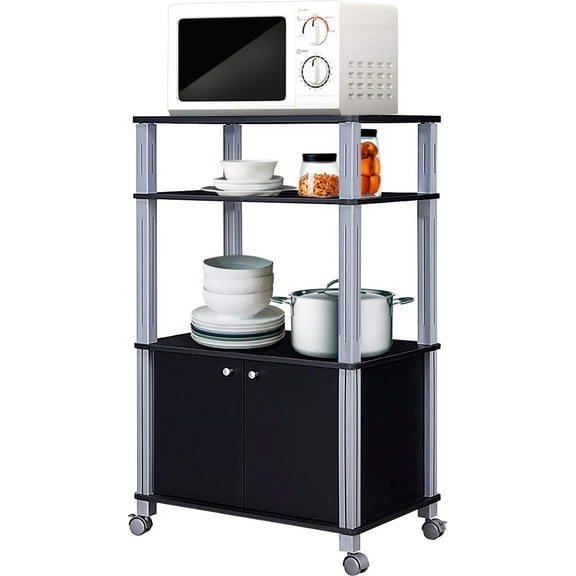 Sptwo Rolling Kitchen Bakers Rack Microwave Oven Stand Utility Cart Multifunctional Display Shelf on Wheels with 2-Tier Shelf and Cabinet Spice Organizer for Kitchen Dining Room Furniture (Black)