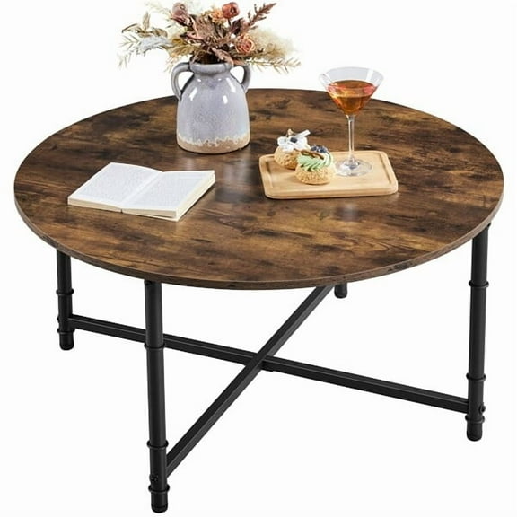 Sptwo Round Coffee Table, Small Coffee Table with Sturdy Metal Legs for Living Room, Rustic Wood Circle Tables Easy to Assemble,35.5