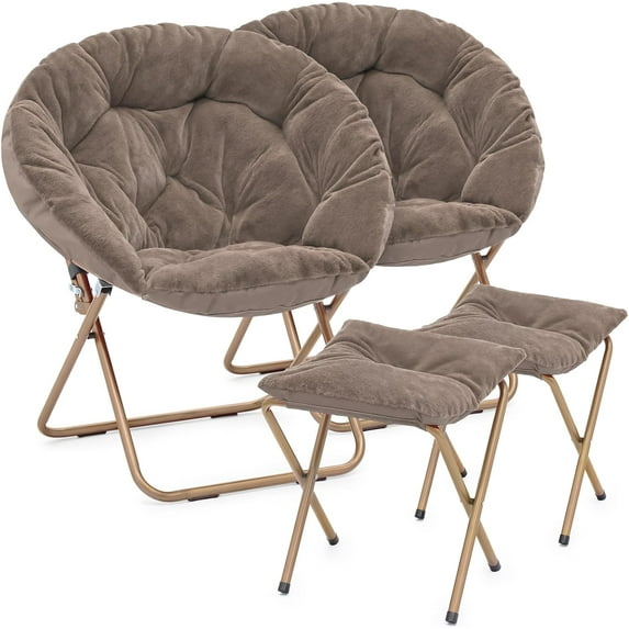 Sptwo Saucer Chair with Ottoman, Oversized Folding Reading Chair for Teens Adults, Furry Cozy Seat with Gold Metal Frame & Non-Slip Pad for Bedroom, Living Room & Dorm (Beige, 2 Pack)