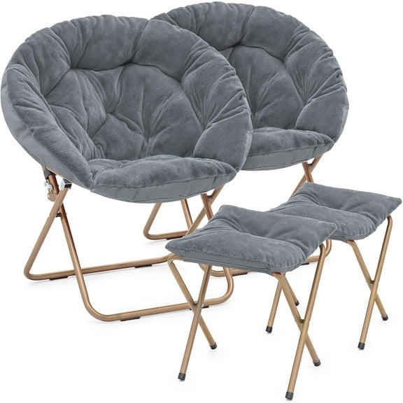 Sptwo Saucer Chair with Ottoman, Oversized Folding Reading Chair for Teens Adults, Furry Cozy Seat with Gold Metal Frame & Non-Slip Pad for Bedroom, Living Room & Dorm (Grey, 2 Pack)