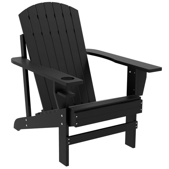 Sptwo Wooden Adirondack Chair, Outdoor Patio Lawn Chair with Cup Holder, Weather Resistant Lawn Furniture, Classic Lounge for Deck, Garden, Backyard, Fire Pit, Black