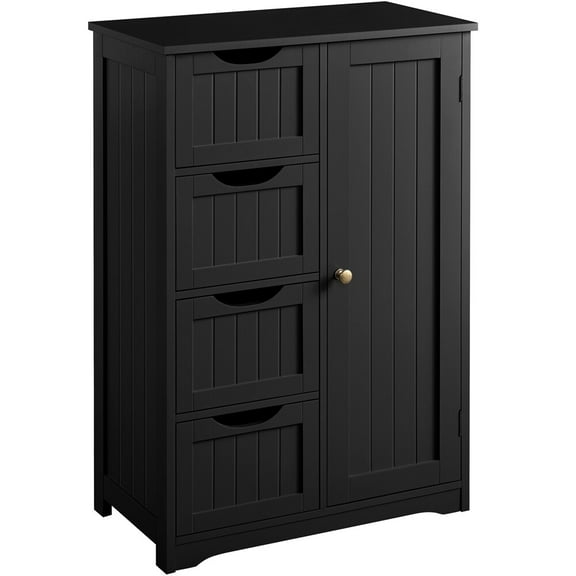Sptwo | Wooden Bathroom Floor Cabinet, Side Storage Organizer Cabinet with 4 Drawers and 1 Cupboard, Freestanding Entryway Storage Unit Console Table, Bathroom Furniture Home Decor,Black