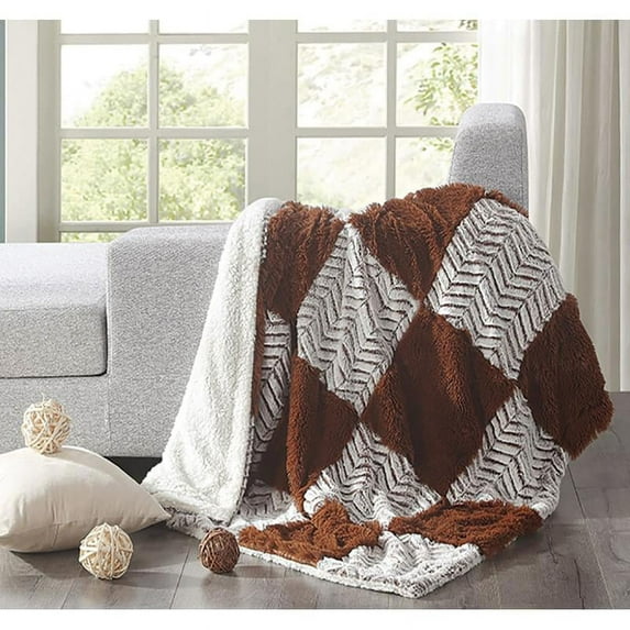 Spura Home Plaid Chocolate Checkered Cutwork Brown 4x5 Sherpa Throw
