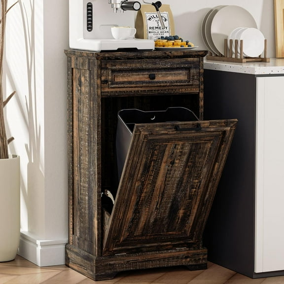 Spurgehom 13 Gallons Tilt Out Trash Cabinet Free Standing Kitchen Trash Garbage Bin Recycling Trash Cabinets with Hideaway Drawer Pet Proof Trash Can Holder for Kitchen, Rustic Brown