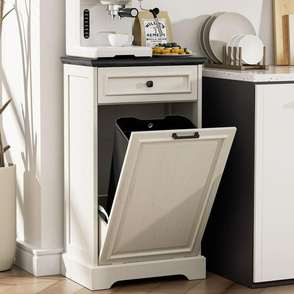 Spurgehom 13 Gallons Tilt Out Trash Cabinet Free Standing Kitchen Trash Garbage Bin Recycling Trash Cabinets with Hideaway Drawer Pet Proof Trash Can Holder for Kitchen, Antique White and Black