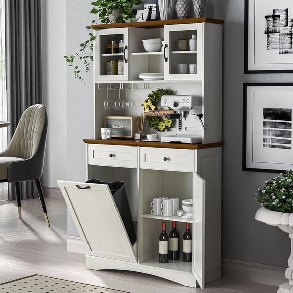 Spurgehom 13 Gallons Tilt Out Trash Can Cabinet 72" Kitchen Pantry Storage Cabinet Microwave Stand Freestanding Recycling Trash Cabinets with Drawers and Adjustable Shelves for Kitchen, Antique White