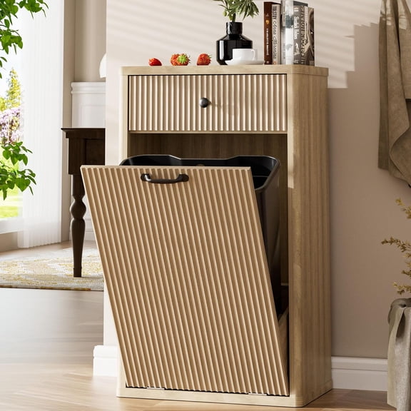 Spurgehom 13 Gallons Tilt Out Trash Can Cabinet Freestanding Kitchen Trash Can Modern Hidden Garbage Recycling Cabinets with Hideaway Drawer Proof Trash Can Holder for Kitchen, Natural