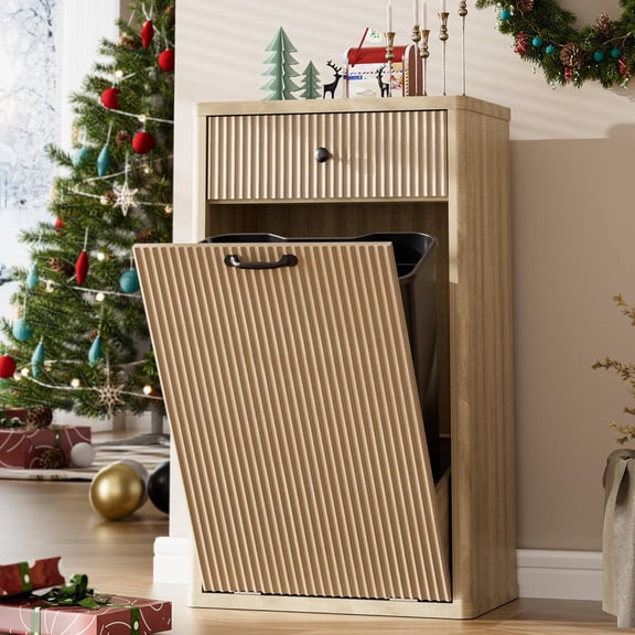 Spurgehom 13 Gallons Tilt Out Trash Can Cabinet Freestanding Kitchen Trash Can Modern Hidden Garbage Recycling Cabinets with Hideaway Drawer Proof Trash Can Holder for Kitchen, Natural