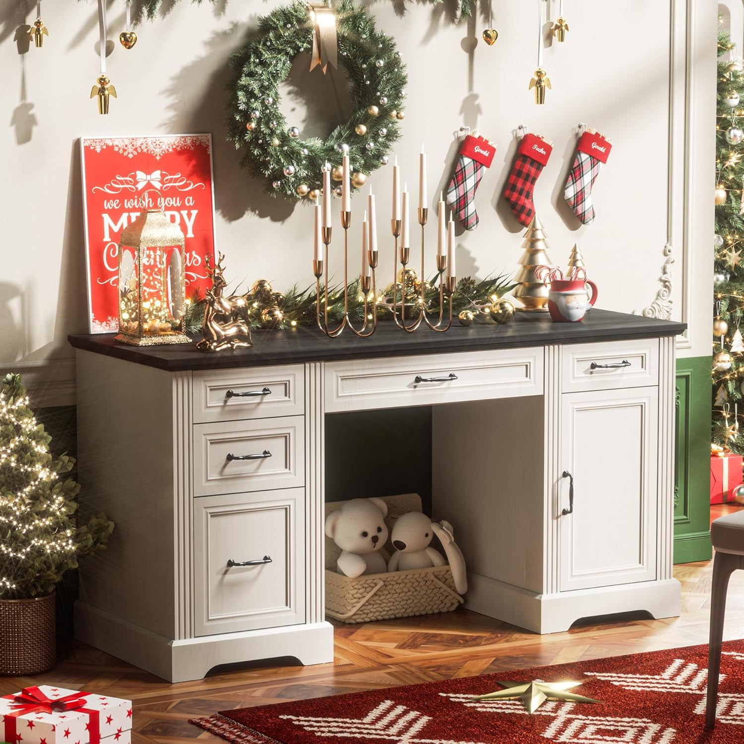 HOGA F1810 A 60" Farmhouse L-Shaped Executive Desk With Mobile File Cabinet - Home Office Desk With Charging Station L Shaped Executive Desk