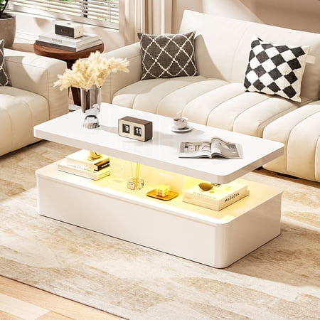 Spurgehom Contemporary Coffee Tables for Living Room, LED Coffee Table with Rounded Corner in 16 Colors, High Gloss 2 Tiers Table with Hidden Power Supply