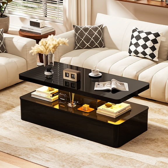 Spurgehom Contemporary Coffee Tables for Living Room, LED Coffee Table with Rounded Corner in 16 Colors, High Gloss 2 Tiers Table with Hidden Power Supply