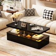 Spurgehom Contemporary Coffee Tables for Living Room, LED Coffee Table with Rounded Corner in 16 Colors, High Gloss 2 Tiers Table with Hidden Power Supply