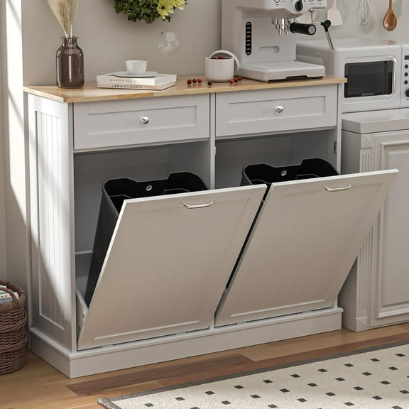 Spurgehom Double Tilt Out Trash Cabinet Kitchen Waste Bins,Laundry Hamper Tilt Out Trash Can Cabinet 26 Gallon Pet Proof Trash Can for Living Room,White