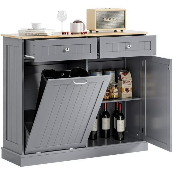 Spurgehom Dual Door Tilt Out Trash Can, 13 Gallon Laundry Hamper Trash Cabinet, Pet Proof Recycling Cabinet for Living Room, Grey