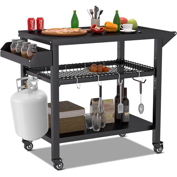 Spurgehom Grill Cart, Pizza Oven Stand Table with Wheels, Outdoor Movable Kitchen Cooking Prep Table BBQ Cart with Mesh Racks for Home Party, Bar, Camping