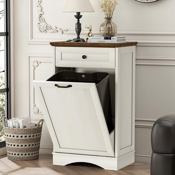 Spurgehom Trash Cabinet,Tilt Out 13 Gallon Wooden FreeStanding Waste Bins Cabinet with Hidden Drawer,Kitchen Island with Pet Proof Trash Can Storage(Antique White)