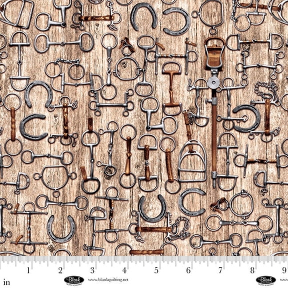 Spurs & Spirit Stirrups, Bits, and Horseshoes Tan Cotton Fabric