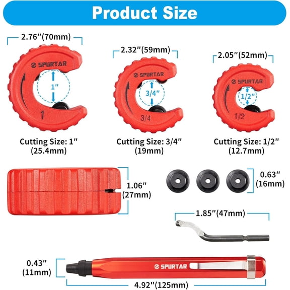Spurtar 4pcs Pipe Cutter Tool Set 3pcs Copper Tubing Cutter 1/2" 3/4" 1" and 1pc Deburring Tool for Copper, Brass, Aluminum, CPVC Pipe, for Plumbing, HVAC Work, Automotive Repairs,  Projects