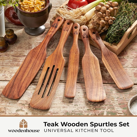 Spurtle Set of 5 - Premium Teak Wood Kitchen Utensils for Non-Stick Cookware