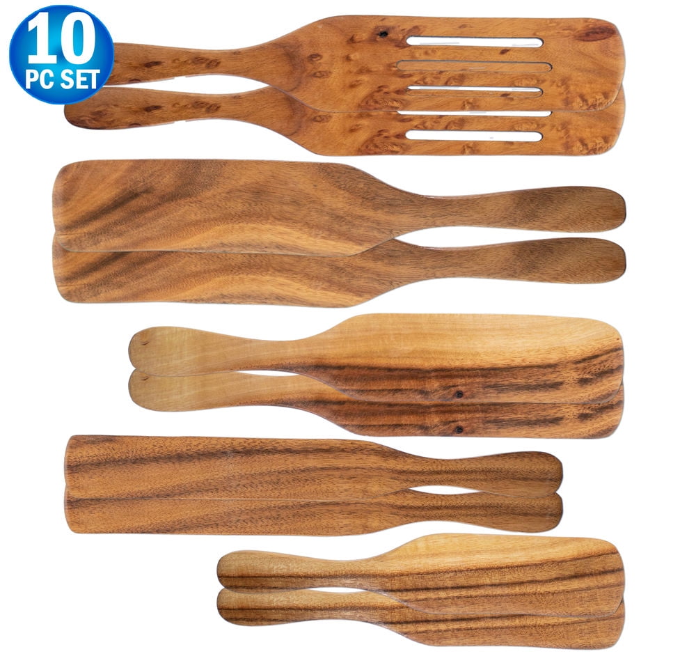 Spurtle Spatula Spoon Kitchen Cooking Utensil - Premium Wood 10pc Set - Natural Teak Wood Machine Washable - Non Stick Wooden Cookware Spatula Spoon