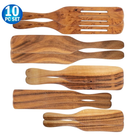 Spurtle Spatula Spoon Kitchen Cooking Utensil - Premium Wood 10pc Set - Natural Teak Wood Machine Washable - Non Stick Wooden Cookware Spatula Spoon