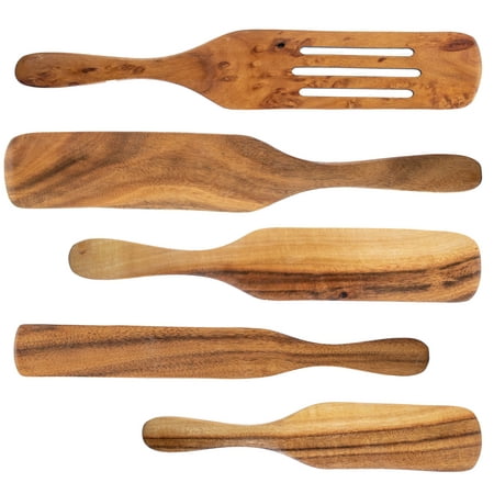 Spurtle Spatula Spoon Kitchen Cooking Utensil - Premium Wood 5pc Set - Natural Teak Wood Machine Washable - Non Stick Wooden Cookware Spatula Spoon